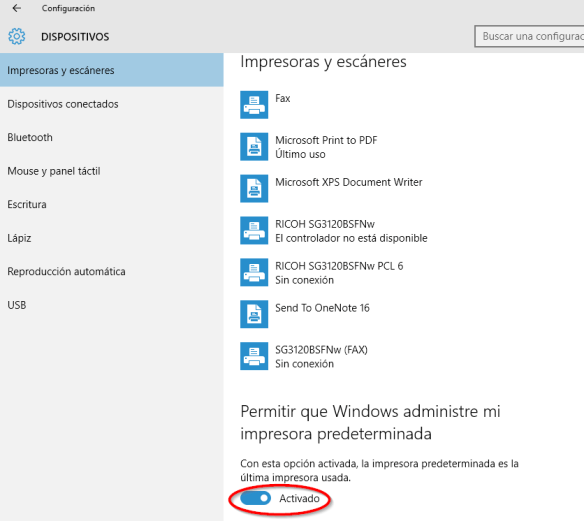 Windows 10. Impresora Predeterminada