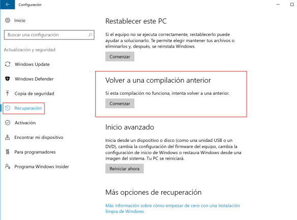 Windows 10 Revertir versión anterior